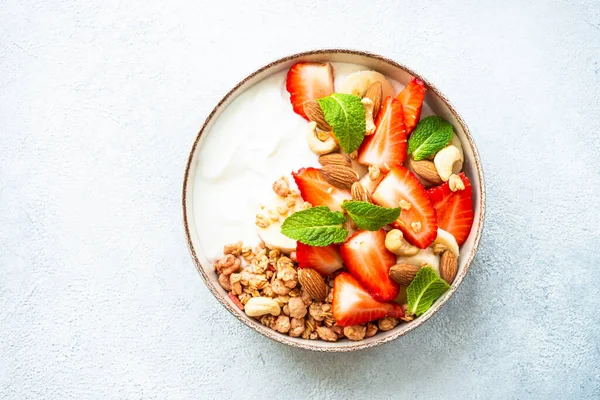 Yogurt Granola Strawberries White Healthy Snack Breakfast Fruit Salad Top — Stock Photo, Image