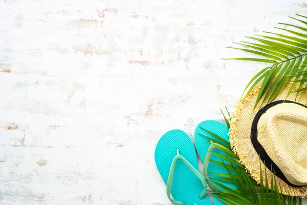 Summer Holidays Travel Concept Palm Leaves Hat Flip Flop White — Stock Photo, Image