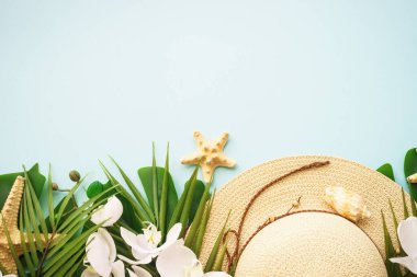 Yaz düzlüğü arka plandaydı. Yaz tatili ve seyahat konsepti. Palmiye yaprakları, şapka, deniz kabukları ve mavi arka planda çiçekler.