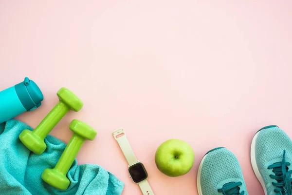 Workout Healthy Lifestyle Concept Sneakers Dumbbells Green Apple Bottle Water — Stock Photo, Image