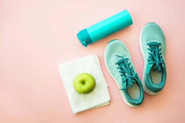 Workout Healthy Lifestyle Concept Fitness Equipment Apple Flat Lay Copy — Stock Photo, Image