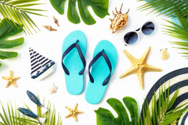 Yaz düzlüğü arka plandaydı. Yaz tatili ve seyahat konsepti. Palmiye yaprakları, deniz kabukları ve beyaz arka planda dekor.