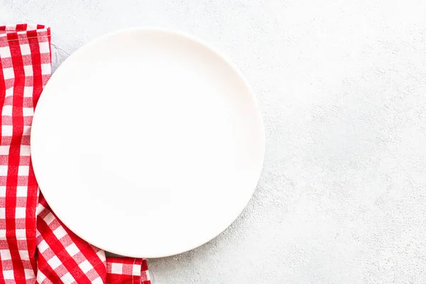 Kitchen Table White Plate Red Table Cloth Food Background Copy — Stock Photo, Image