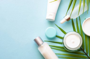 Yaz kozmetik ürünleri, üzerinde palmiye yaprakları olan kozmetik ürünler. Metin için boşluk olan üst görünüm.