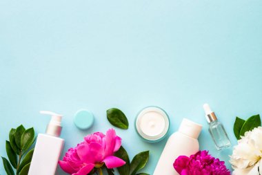 Doğal kozmetik ürünleri. Krema, serum, yeşil yapraklı ve çiçekli tonik. Mavi arka planda düz uzandı.