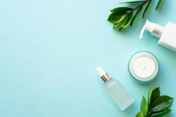 Doğal Kozmetik Ürünleri Krema Serum Yeşil Yapraklı Tonik Mavinin Üzerinde — Stok fotoğraf