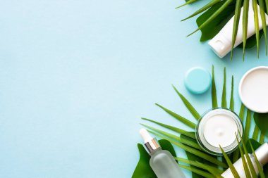 Doğal kozmetik ürünleri. Krema, serum, yeşil tropikal yapraklı tonik. Dizayn için alanı olan mavi arkaplan üzerinde düz uzandı.