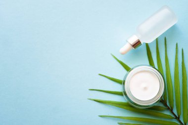 Krema kavanozu ve mavi arka planda palmiye yaprağı olan serum şişesi. Doğal kozmetik konsepti. Kopyalama alanı olan düz.