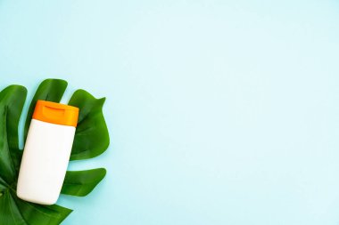 Mavi arka planda palmiye yapraklı güneş kremi ürünü. Metin için alanı olan düz resim.