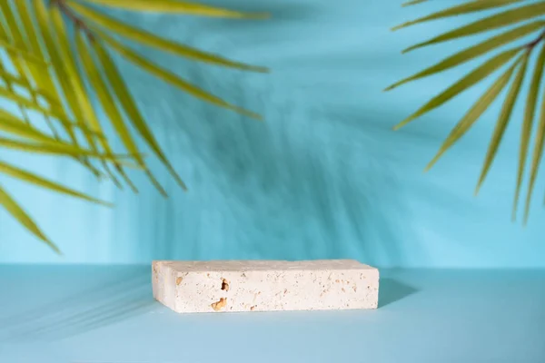 stock image Podium for presentation cosmetic products on blue background with palm leaves.