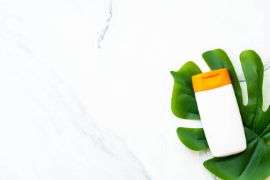 Beyaz arka planda yeşil yapraklı güneş kremi ürünleri. Güneş koruması. Metin için alanı olan düz resim.