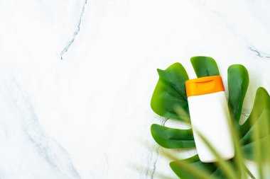 Beyaz arka planda yeşil yapraklı güneş kremi ürünleri. Güneş koruması. Metin için alanı olan düz resim.