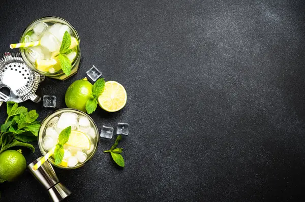 Mojito Rum Lime Mint Ice Black Background Bar Utensils Flat — Stock Photo, Image