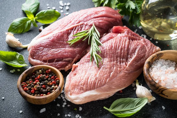 Raw Meat Steaks Spices Herbs Close — Stock Photo, Image
