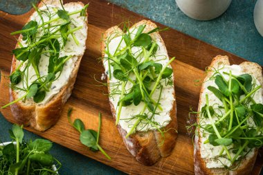 Krem peynirli tost ve mikro yeşillik. Sağlıklı yiyecekler, vejetaryenler, doğal vitaminler. Üst görünüm.