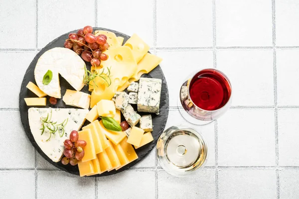 Cheese Platter Craft Cheese Assortment Slate Board White Tile Background — Stock Photo, Image