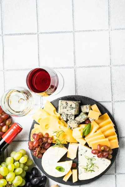 Cheese Platter Craft Cheese Assortment Slate Board White Tile Background — Stock Photo, Image