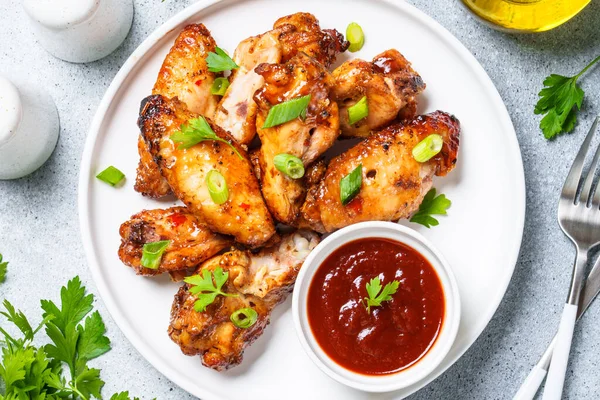 Grilled Meat Chicken Wings Bbq Sauce Top View White Stone — Stock Photo, Image