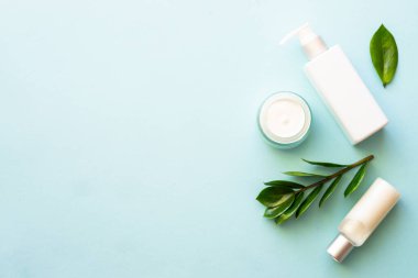 Doğal kozmetik ürünleri. Krema, serum, yeşil yapraklı tonik. Mavi arkaplanda üst görünüm.