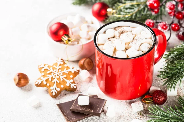 Hot Chocolate Marshmallow Gingerbread Cookies Holiday Decorations White Table — Stock Photo, Image