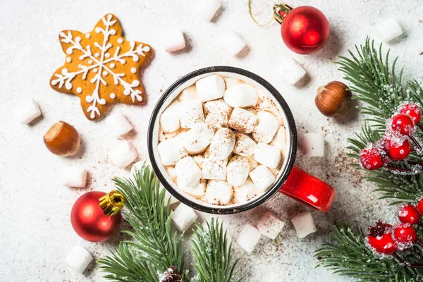 Christmas Drink Hot Chocolate Marshmallow Gingerbread Cookies Holiday Decorations White — Stock Photo, Image