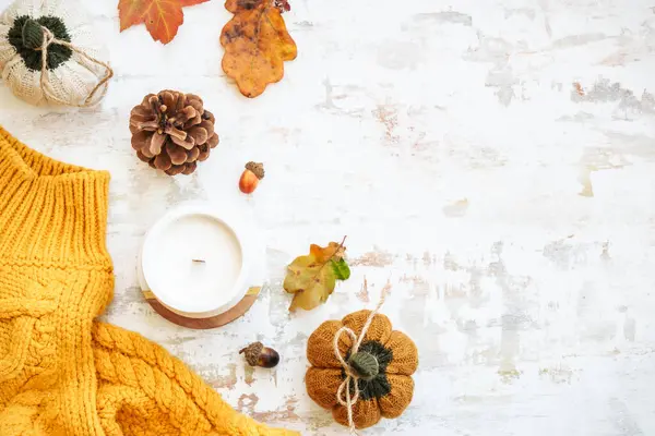 Warm Sweater Autumn Leaves Candle Decor Flat Lay Image Copy — Stock Photo, Image