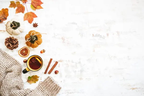 秋天的背景一杯热茶 一件暖和的毛衣 秋天的叶子 香料和白色装饰 有复制空间 — 图库照片