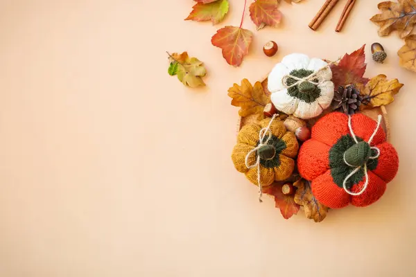 Осенние Украшения Вязаные Тыквы Листья Свечи Другие Цветном Фоне Декор — стоковое фото