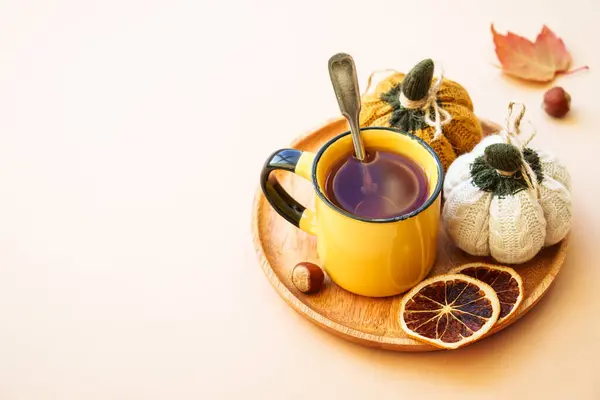Чашка Чая Специи Сухие Листья Вязаные Осенние Украшения Уютная Осенняя — стоковое фото