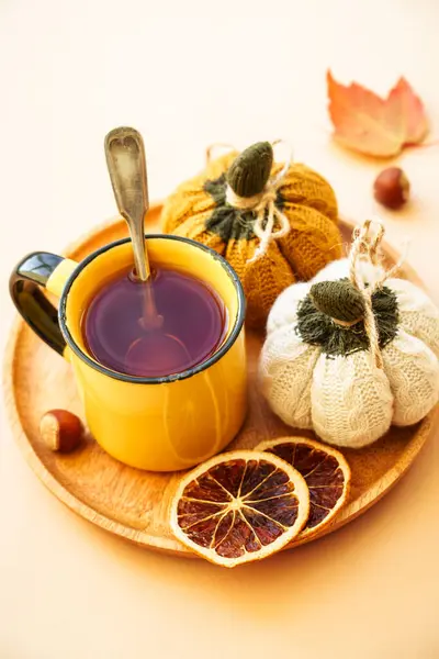 Чашка Чая Специи Сухие Листья Вязаные Осенние Украшения Уютная Осенняя — стоковое фото