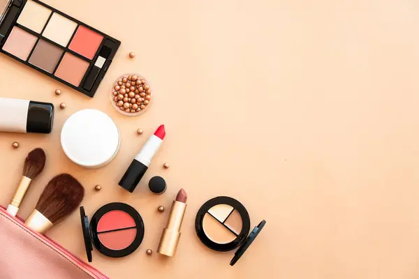 Make Beauty Products Pastel Background Powder Foundation Mascara Lipsticks Flat — Stock Photo, Image