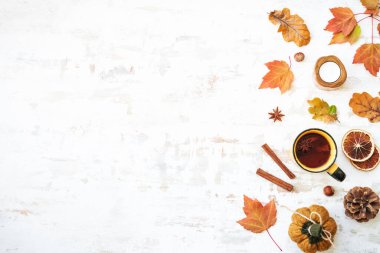Arka planda kal. Beyazın üstünde sıcak bir sonbahar. Baharatlı çay, sonbahar yaprakları, baharatlar ve dekor. Kopyalama alanı olan düz.