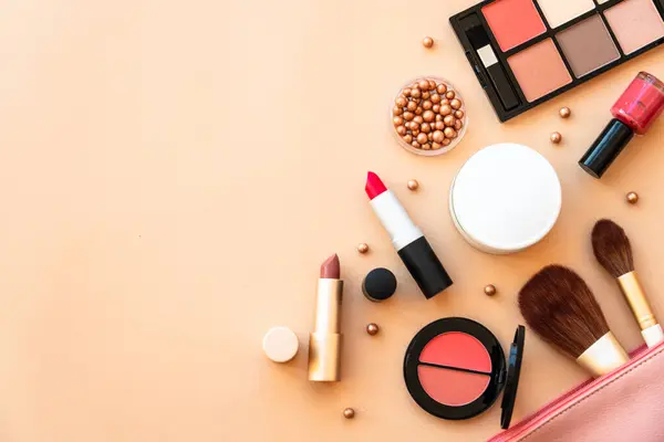 Cosmetic Bag Beauty Products Pastel Background Powder Foundation Mascara Lipsticks — Stock Photo, Image