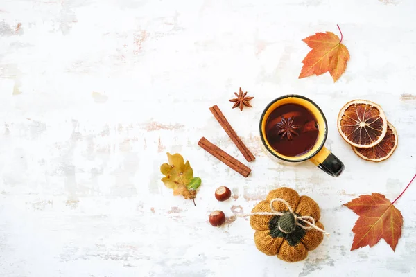 Fall Background Autumn Tea Spices Orange Leaves Home Decor Flat — Stock Photo, Image