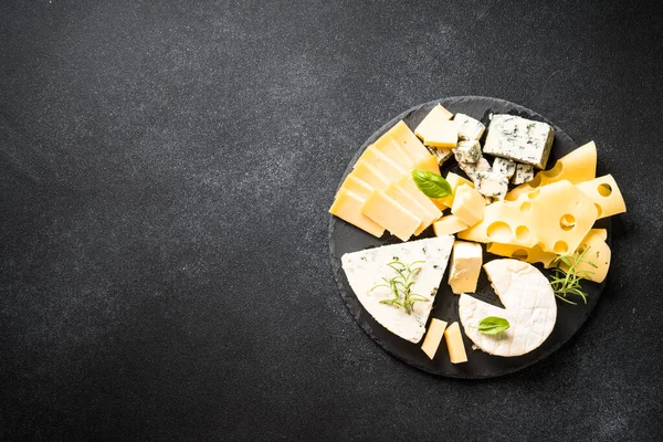 Cheese Platter Craft Cheese Assortment Slate Board Black Background Top — Stock Photo, Image