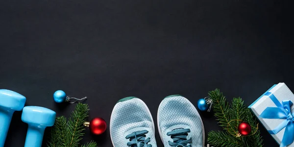 Nowy Rok Sportu Fitness Koncepcja Zdrowego Stylu Życia Dekoracje Świąteczne — Zdjęcie stockowe