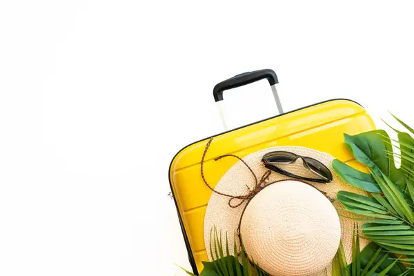 夏休み 旅行コンセプト スーツケース パームは白い背景に残ります テキストのためのスペースが付いている平らな層 — ストック写真