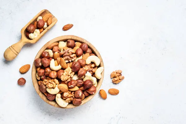 Nuts Assortment White Background Almond Hazelnut Cashew Wooden Bowl — Stock Photo, Image