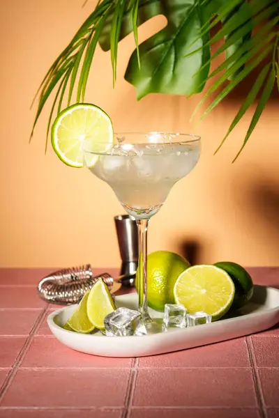 Margarita Alcoholic Cocktail Lime Silver Tequila Ice Cubes Salt Pink — Stock Photo, Image