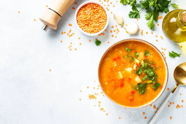 Red Lentil Soup Traditional Asian Food Ingredients Flat Lay — Stock Photo, Image