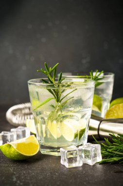 Cin tonik, geleneksel cin, tonik, buz küpleri, limon ve biberiye karışımı..