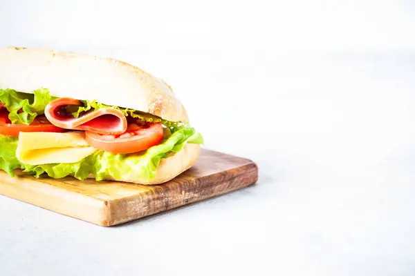 Ciabatta Sandwich Lettuce Cheese Tomatoes Ham Healthy Fast Food Snack — Stock Photo, Image