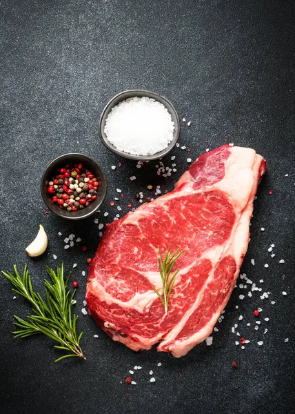 Meat Steak Beef Steak Dry Aged Spices Black Background Top — Stock Photo, Image