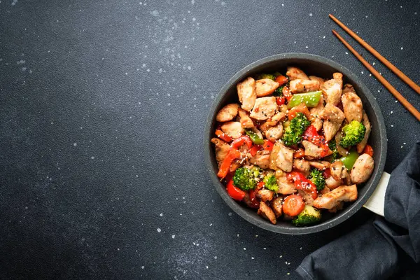 Chicken Stir Fry Vegetables Sesame Black Background Traditional Asian Cuisine Royalty Free Stock Images