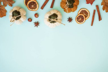 Sonbahar arkaplanı mavi. Kuru yapraklar, baharatlar ve dekorasyonlar. Kopyalama alanı olan düz resim..