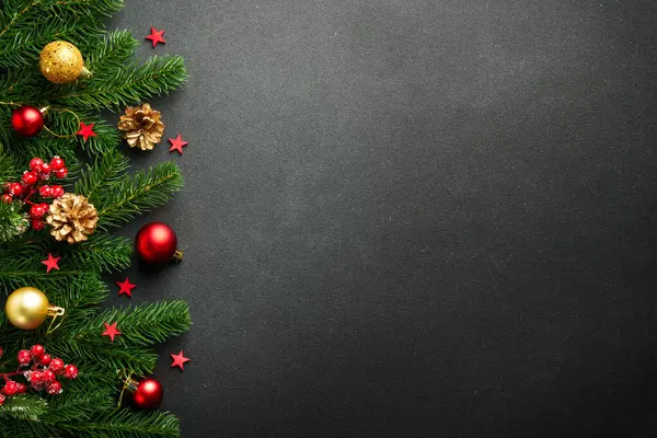 Black Christmas Background Fir Tree Holiday Decorations — Stock Photo, Image