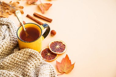 Bir fincan çay, baharat ve balkabağı. Samimi sonbahar kompozisyonu, ev dekorasyonu.