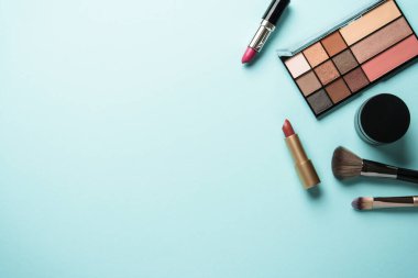 Maviye makyaj ürünleri. Kozmetik palet, fırça, ruj ve krem. Kopyalama alanı olan üst görünüm.