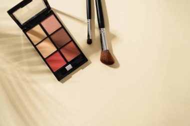 Pastel arka planda sert gölgelerle palet ve kozmetik fırçalar yap. Kopyalama alanı olan en üst görüntü.