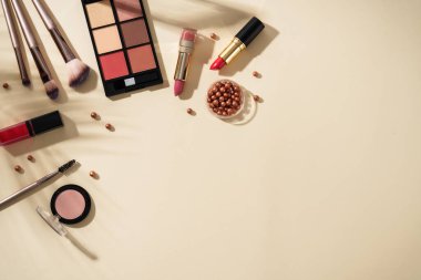 Renkli arka planda sert gölgeli ürünler uydur. Kopyalama alanı olan düz resim.